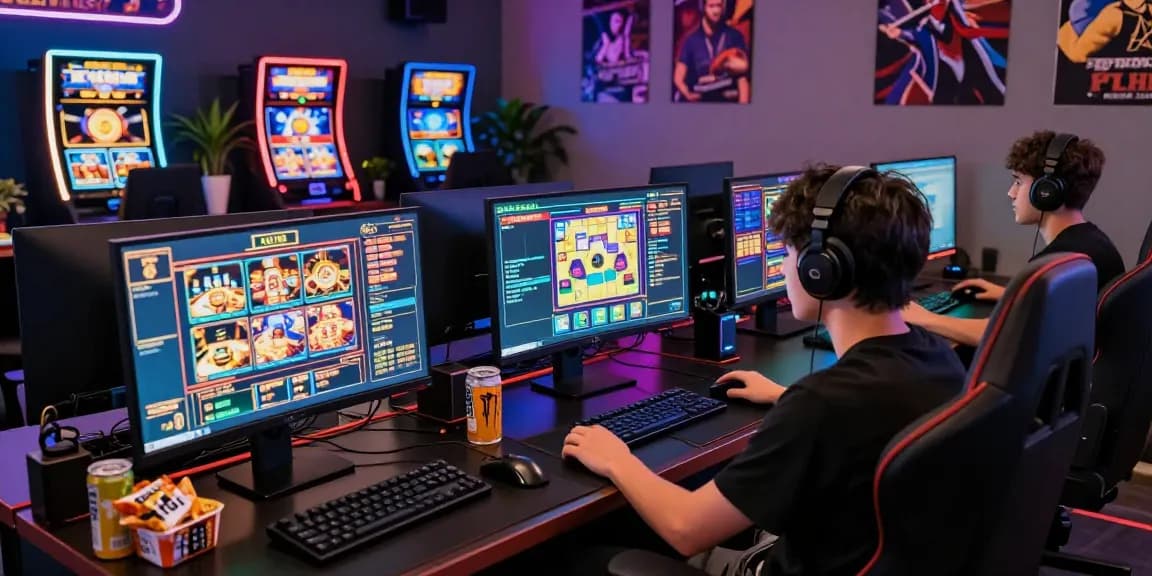 Pengalaman bermain di situs slot gacor dengan gamer serius, monitor penuh warna, dan suasana menarik.