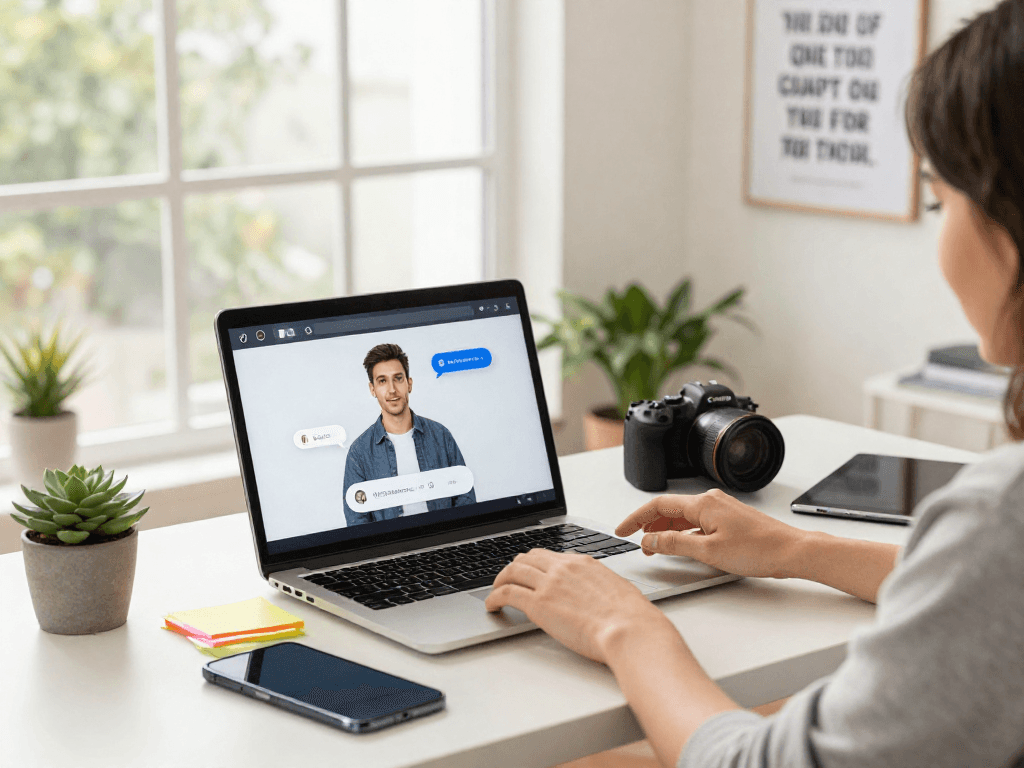Engaging spicy ai chat interface in a vibrant home office setting with tech gadgets.
