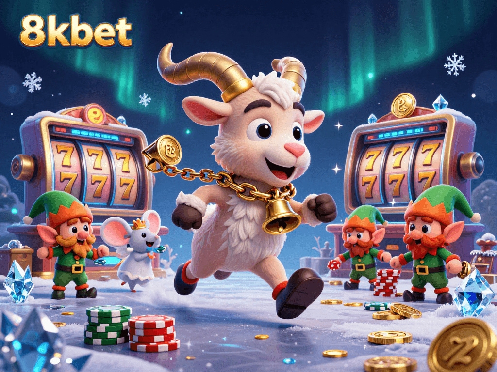 8xbet casino excitement with Krampus, angel mouse, and gremlins stealing poker chips in a vibrant scene
