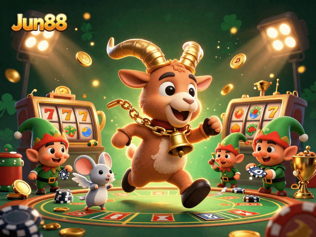 Experience the action at Jun88 with a Krampus goat and mischievous elves in a vibrant casino scene.
