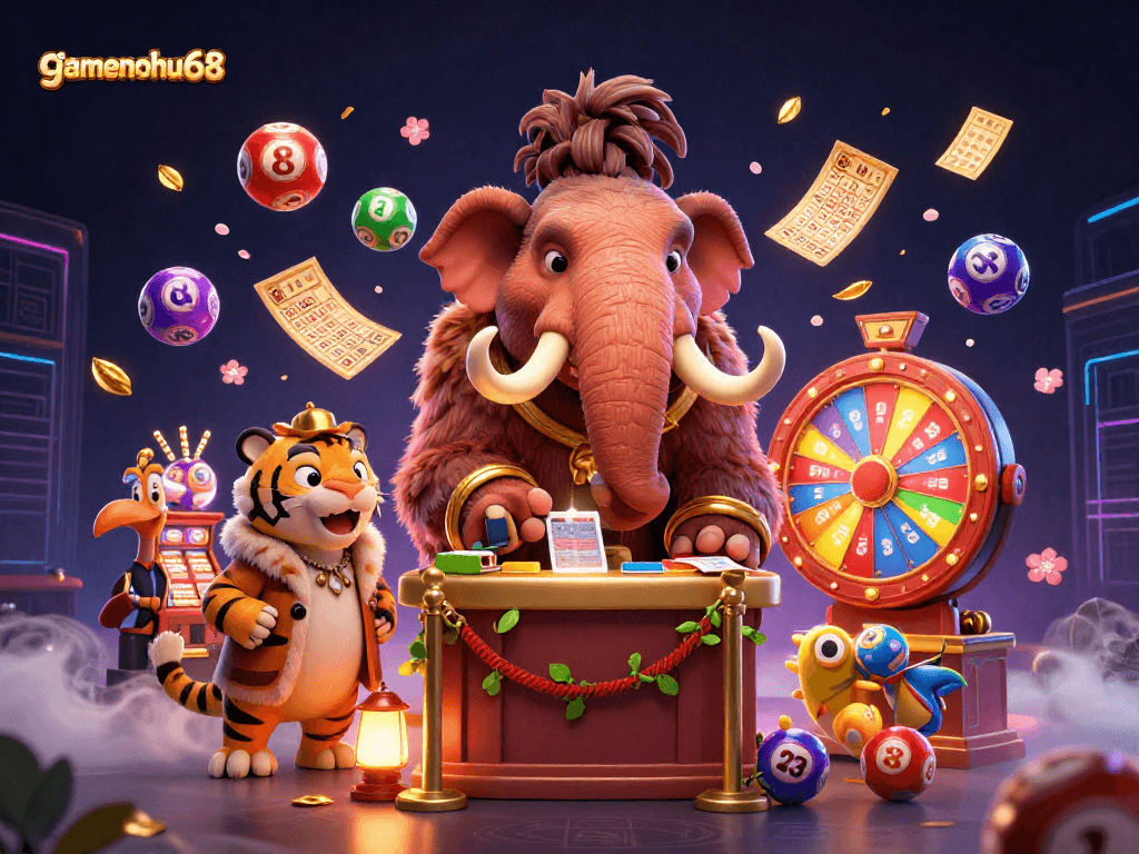 Experience gambling excitement with gamenohu68 in a vibrant, lively casino scenario featuring colorful lottery elements.