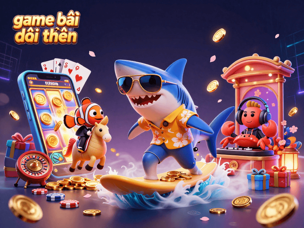 Experience game bài đổi thưởng through a vibrant 3D cartoon illustration featuring playful casino elements.