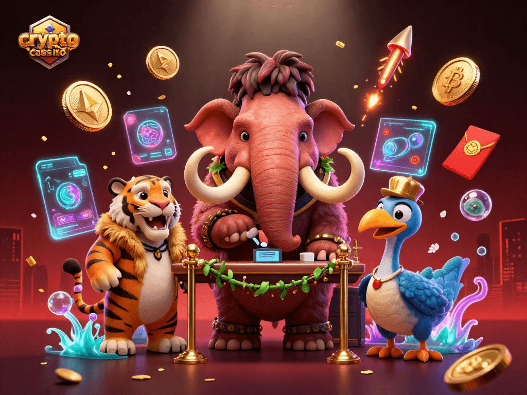 Experience the vibrant world of a crypto casino with a unique character scene featuring a mammoth bouncer and VIPs.