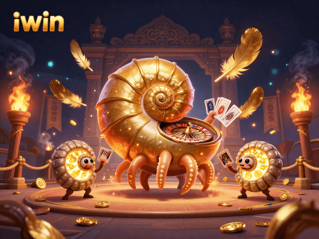 iwin casino illustration featuring a giant nautilus roulette wheel and glowing ammonite companions.