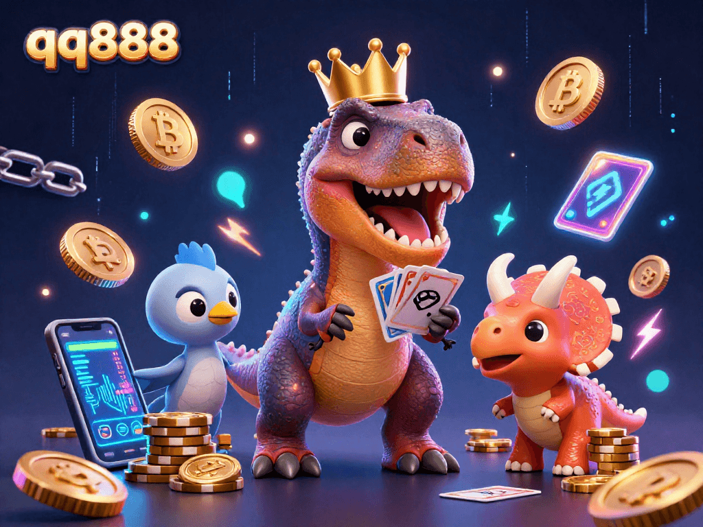 Experience the excitement of qq888 gaming with a vibrant scene featuring dinosaur characters shuffling cards amidst crypto elements and glowing coins.