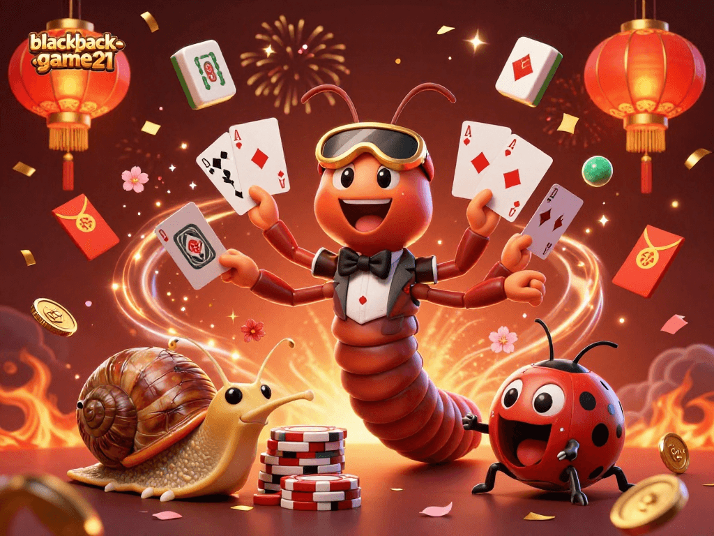 Join the excitement at blackjack-game21 as a millipede dealer fans out cards with colorful casino elements.