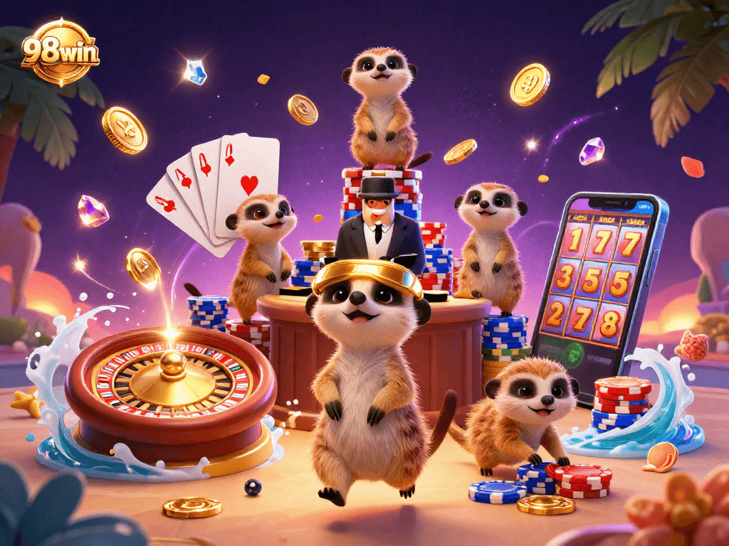 Experience the vibrant energy of 98win's cartoon meerkat casino scene with dynamic gaming elements.