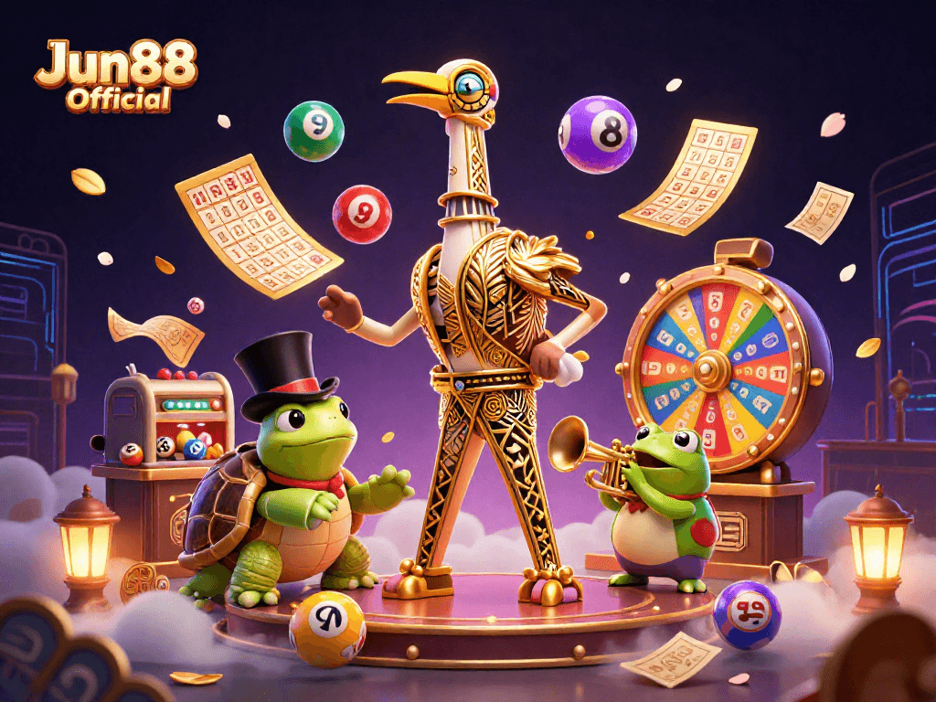 Engage with Jun88 Official at a lively casino scene filled with vibrant game elements and characters.