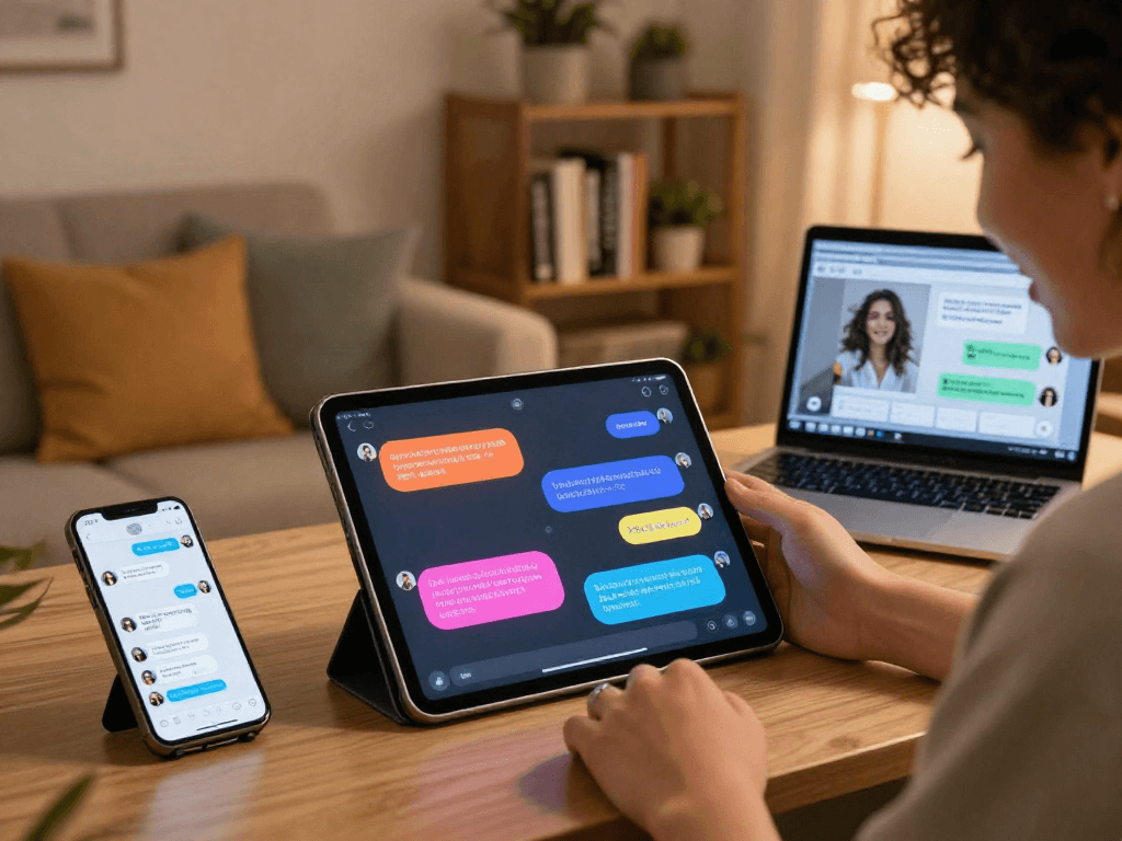 Engaging user enjoying AI porn chat on a tablet in a cozy room.