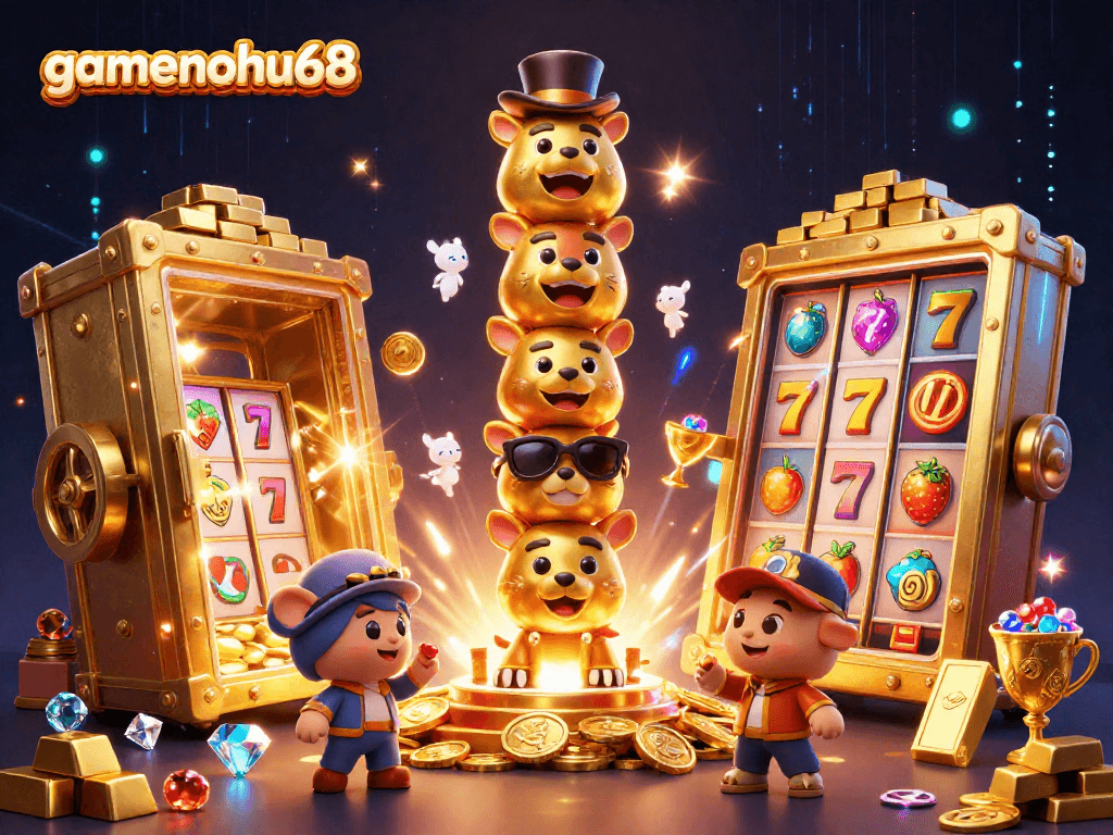 Experience excitement with gamenohu68 at a vibrant casino scene filled with treasures and adventures.