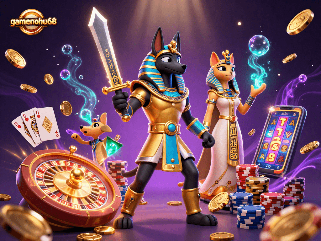 Spin winning reels with gamenohu68 as Anubis and Bastet embody luck in a rich casino scene.