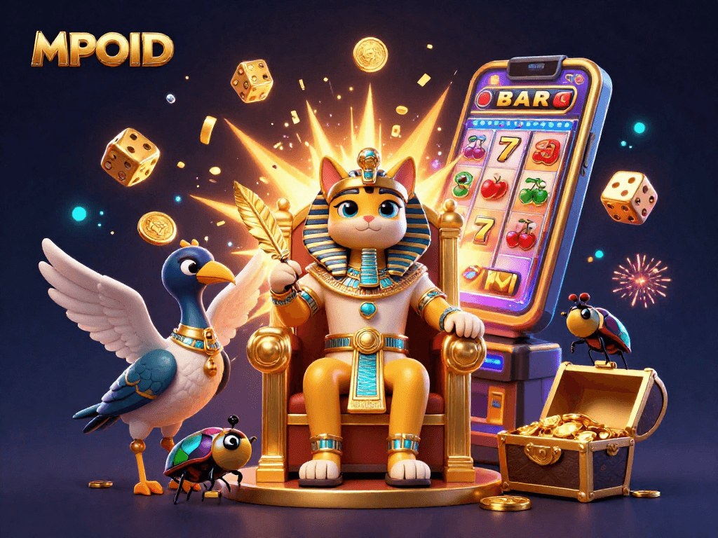 MPOID connected players winning with colorful slots, jackpot machines, gold coins, and engaging gambling actions.