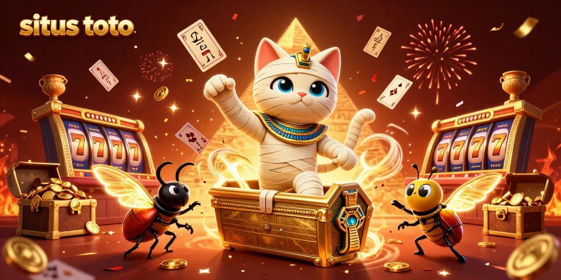 Engage in thrilling gameplay at situs toto with an Egyptian mummy cat amidst dazzling casino elements.