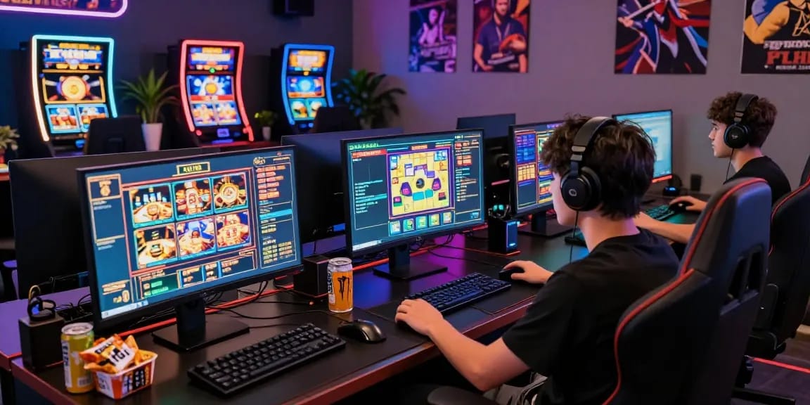 Pengalaman bermain di situs slot gacor dengan gamer serius, monitor penuh warna, dan suasana menarik.