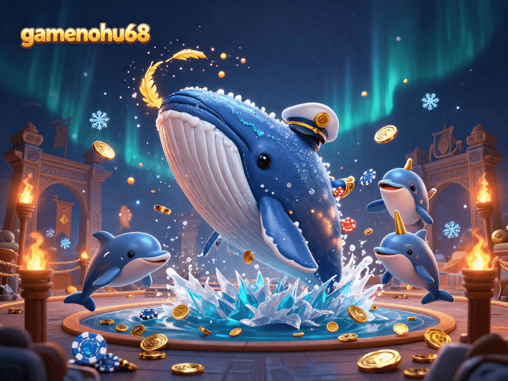 Experience the excitement with gamenohu68 as the whale captain breaches a sea of coins, surrounded by playful dolphins.