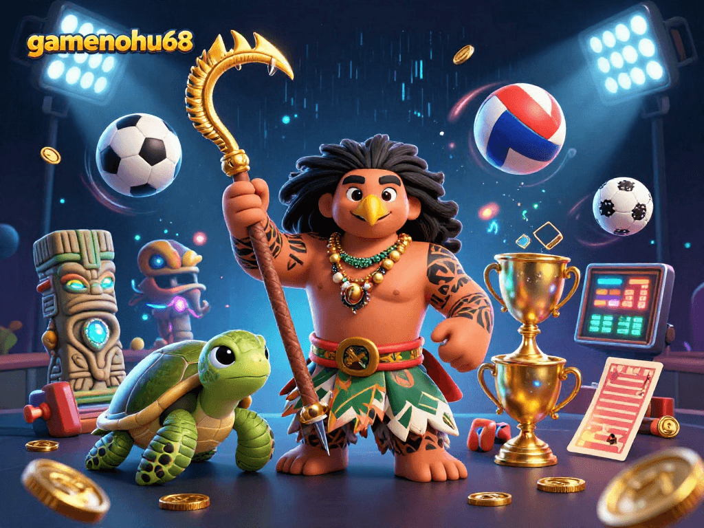 Engage with gamenohu68's vibrant, dynamic casino scene featuring a hero and sports elements.
