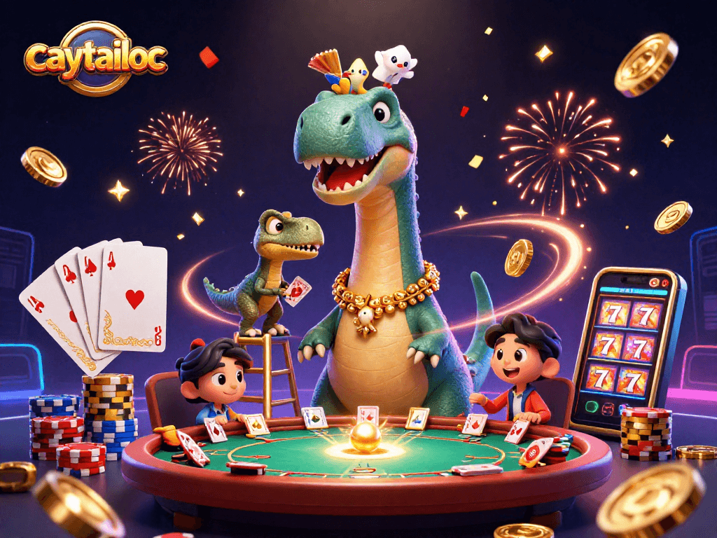 Experience the thrilling caytailoc slot game with vibrant brontosaurus and raptor characters, bringing excitement to your gameplay.