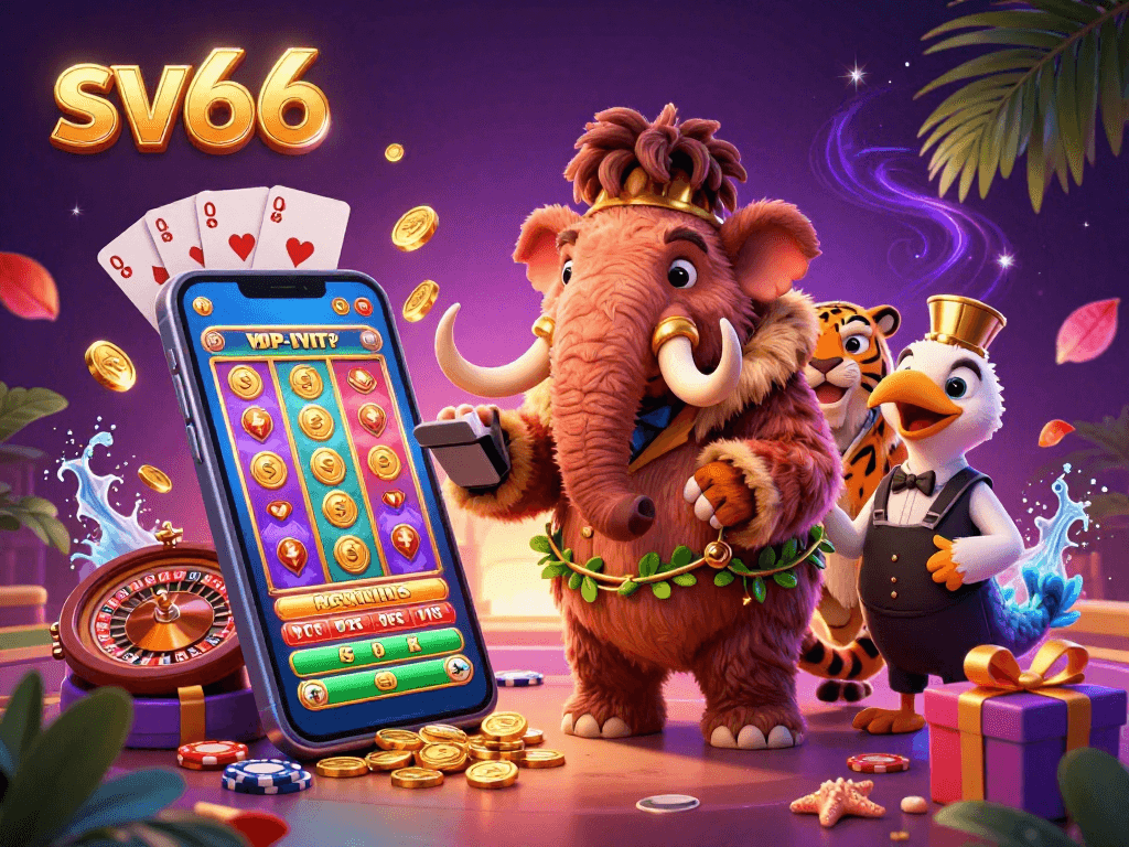 Experience sv66's vibrant casino scene with a woolly mammoth, saber-tooth tiger, and vibrant gaming elements.