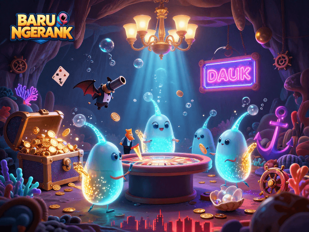 Experience BARU NGERANK with glowworms illuminating a vibrant cave casino filled with treasure and gaming excitement.