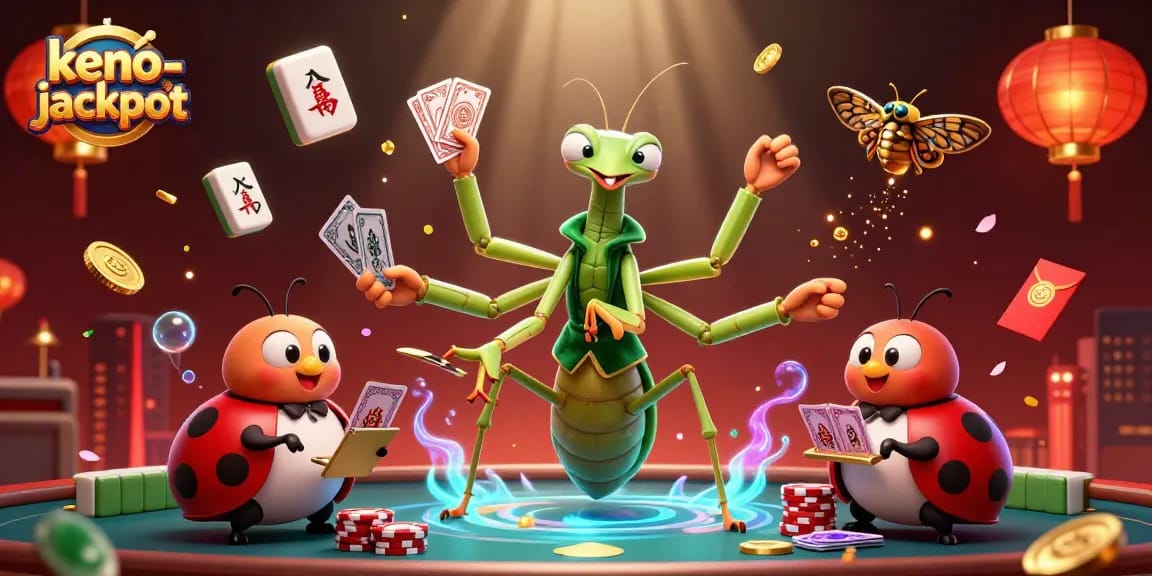 Engage with keno-jackpot through this vibrant scene of characters in a dynamic casino environment.