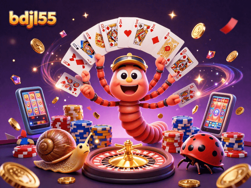 Experience excitement at bdjl55 with a cartoon millipede dealer, high roller snail, and chip stacks.