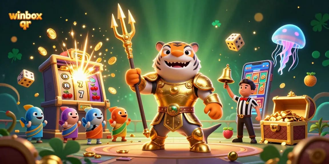 Join the fun at winbox qr with a fierce shark warrior amidst casino chaos!