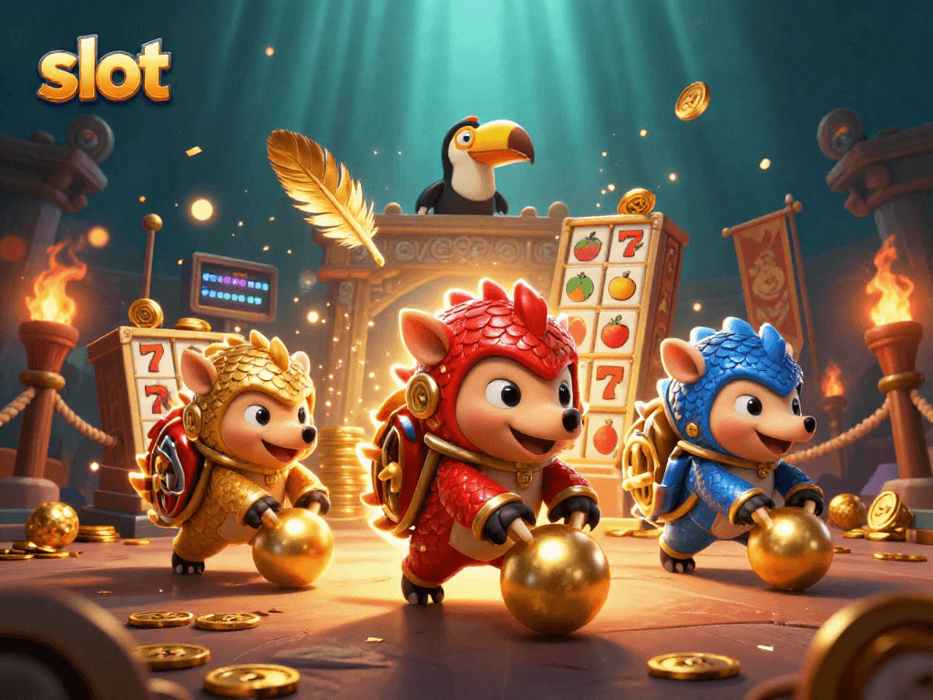 Rival pangolins bermain slot, menggulirkan bola emas di arena judi yang meriah.