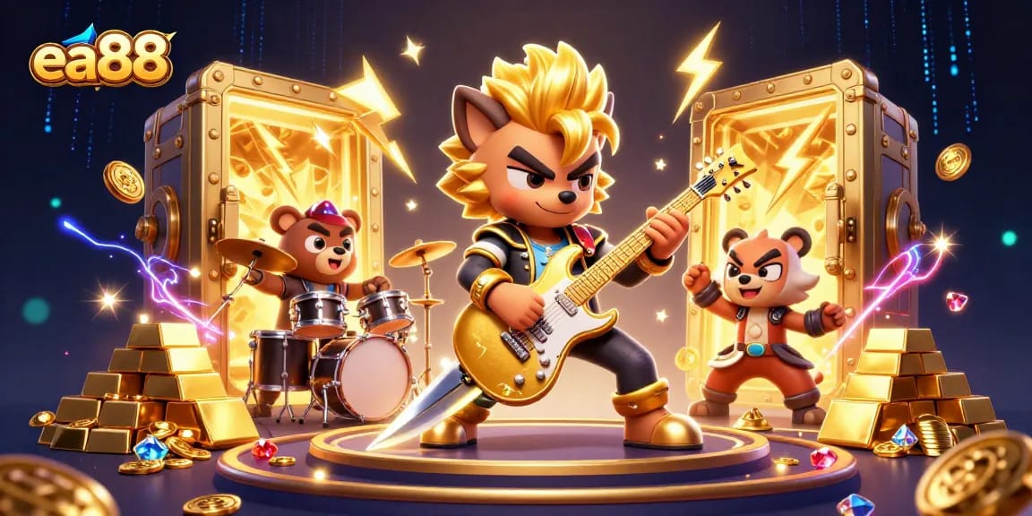 Experience the excitement of ea88 with a rock star wolf and a drummer bear in a vibrant casino scene.