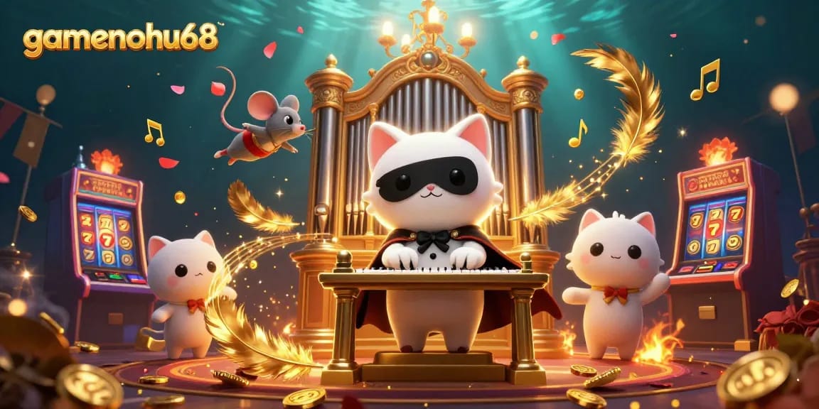 Experience gamenohu68's dynamic casino scene with cartoon characters and slot machine action.