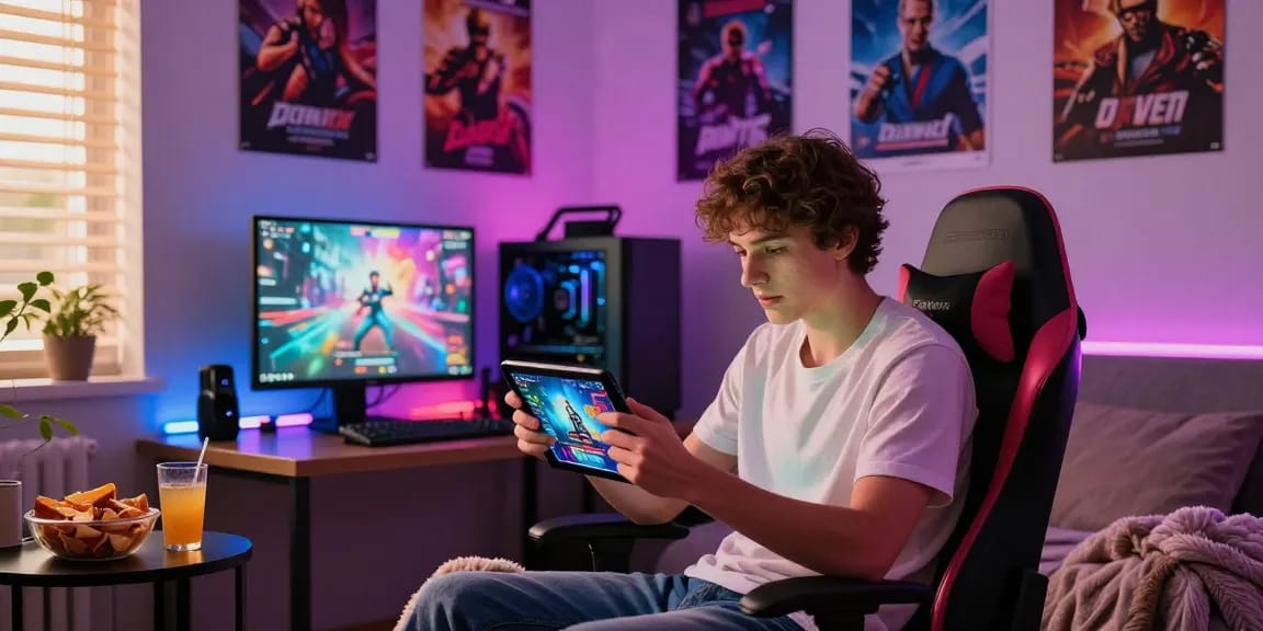 Engaging gaming moment with a player immersed in free mobile porn games on a tablet in a cozy bedroom.