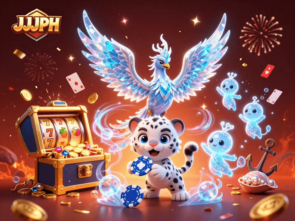 Magandang 3D na ilustrasyon ng phoenix at leopardo na naglalaro ng poker chip para sa JJJPH online casino.