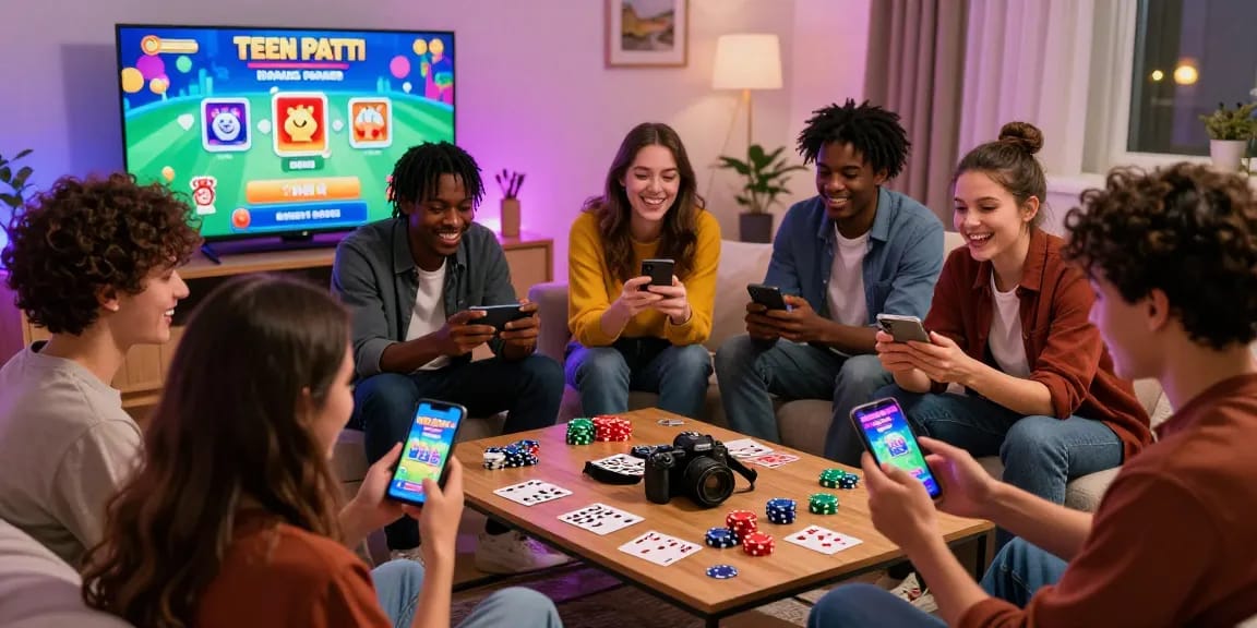 Group of friends enjoying the Teen Patti Vegas mobile version on smartphones, showcasing vibrant gameplay and social interaction.