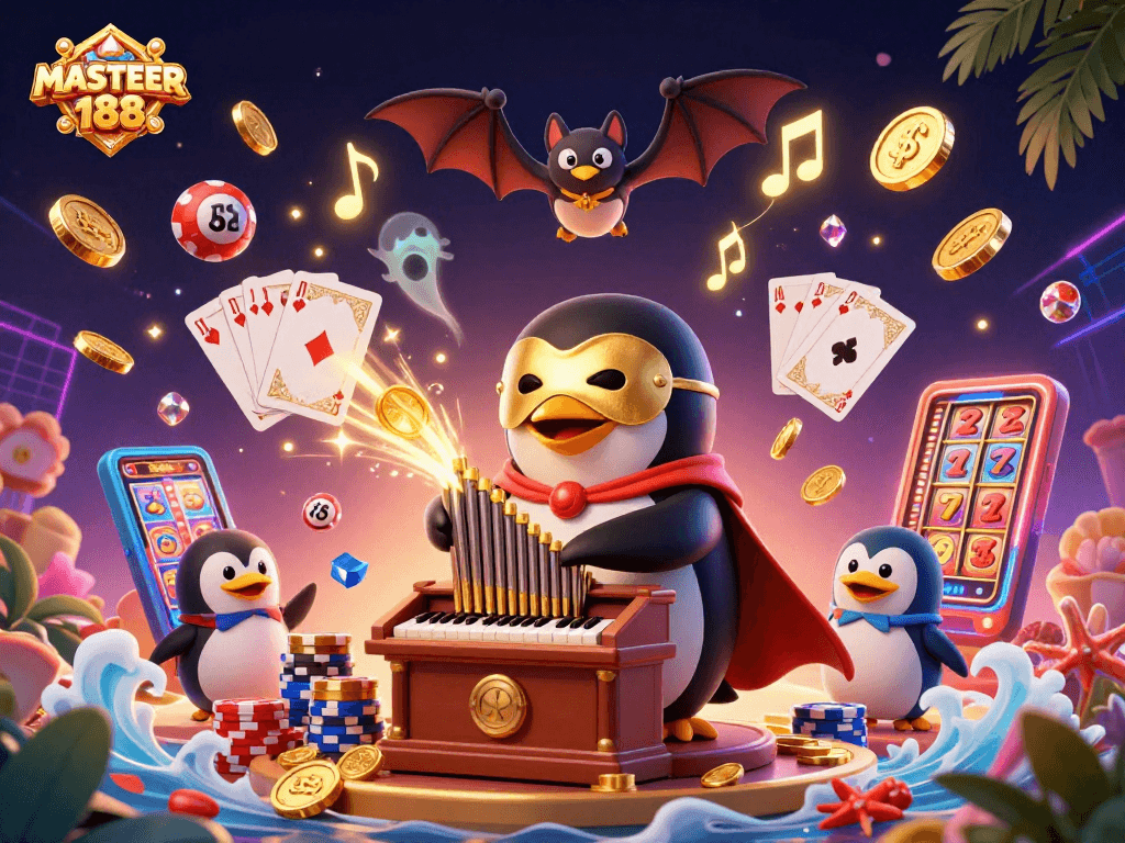 Experience the excitement of MASTER188 with a vibrant 3D illustration of a casino scene featuring whimsical characters and dynamic game elements.