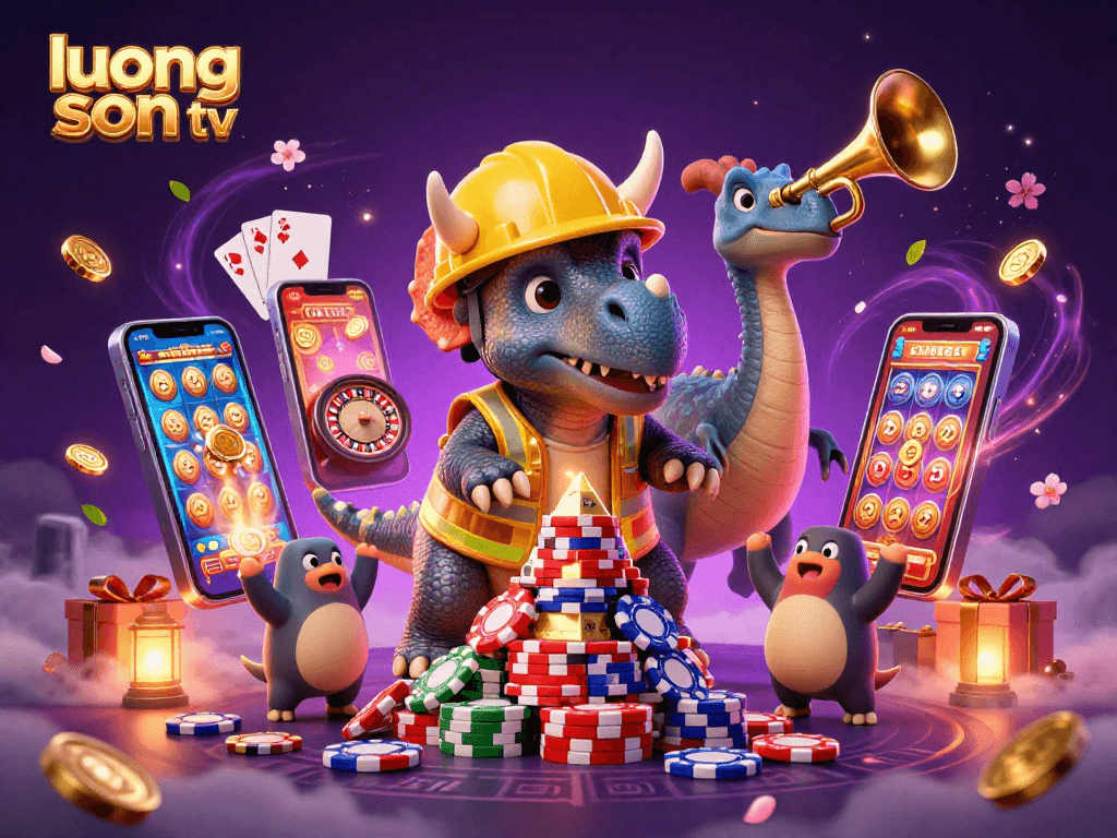 Join the excitement at luong son tv with a triceratops building poker chips amidst dynamic gaming elements.