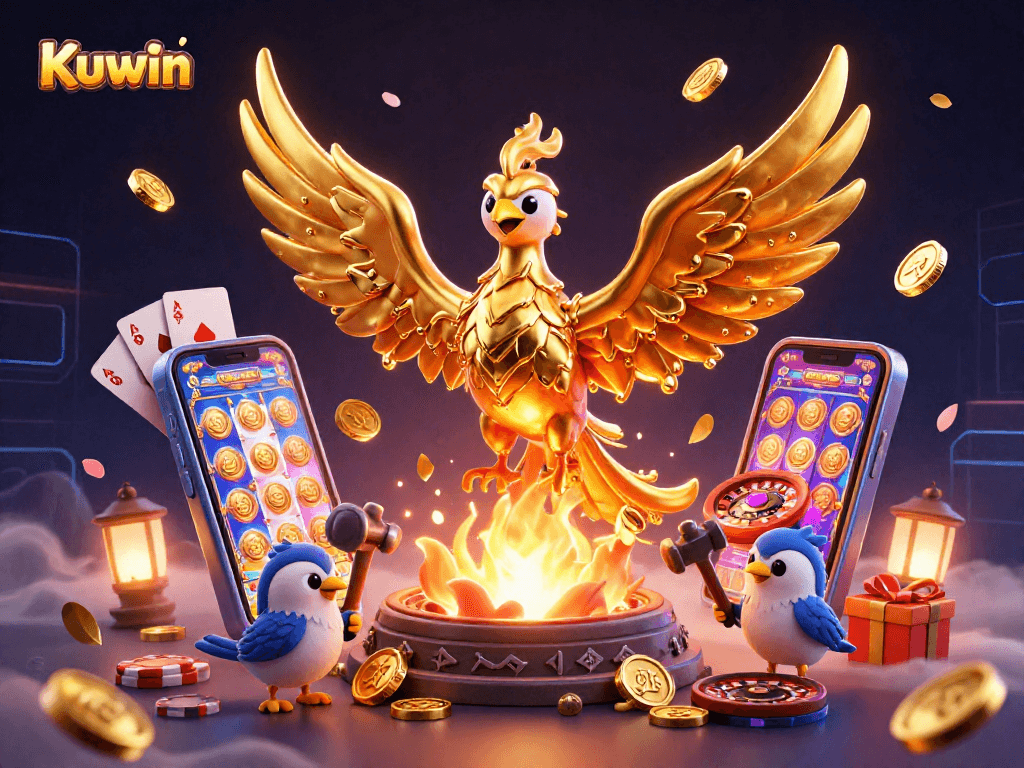 Kuwin features a golden phoenix and vibrant slot games symbolizing the excitement of online gambling.
