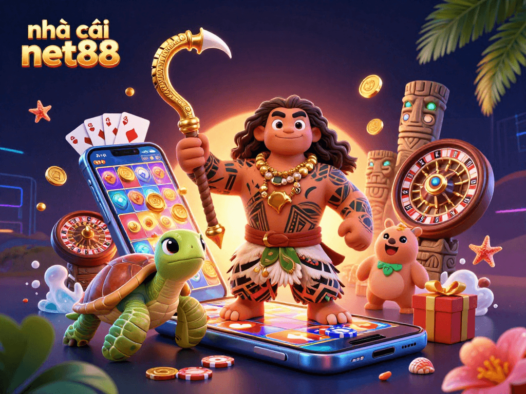 Engage with nhà cái net88 through this vibrant 3D casino illustration featuring thrilling game elements.