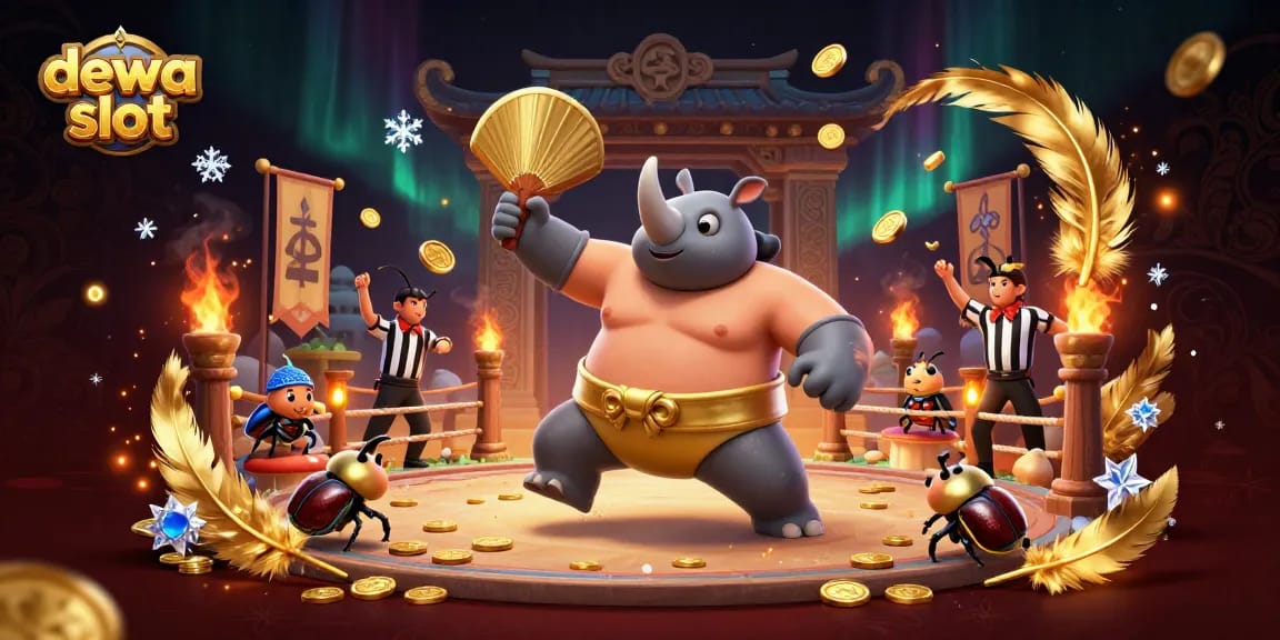 Spin the reels with the dewa slot as the playful beetles celebrate wins amidst flying coins.