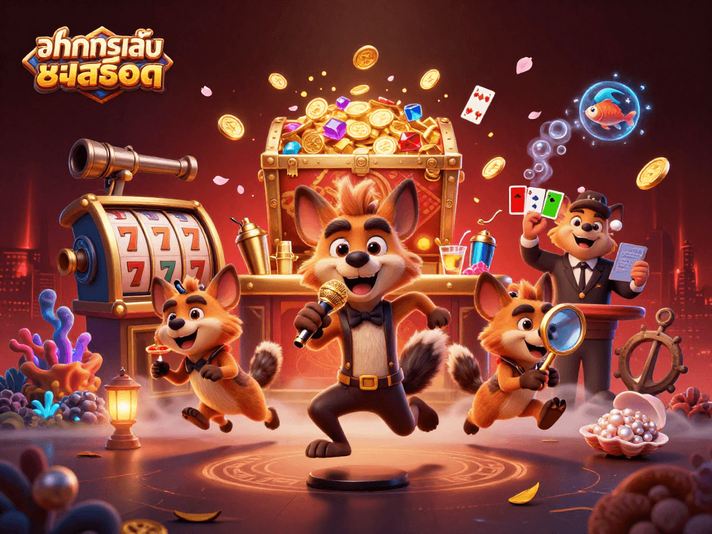 Experience ทดลองเล่นสล็อต with animated hyenas in a vibrant casino scene, featuring gold coins and slot elements.