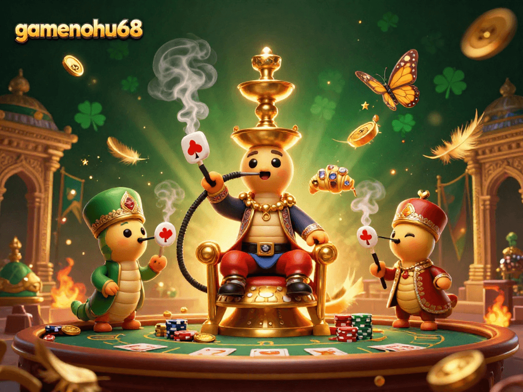 Experience gamenohu68 in a vibrant 3D casino scene with poker elements and engaging characters.