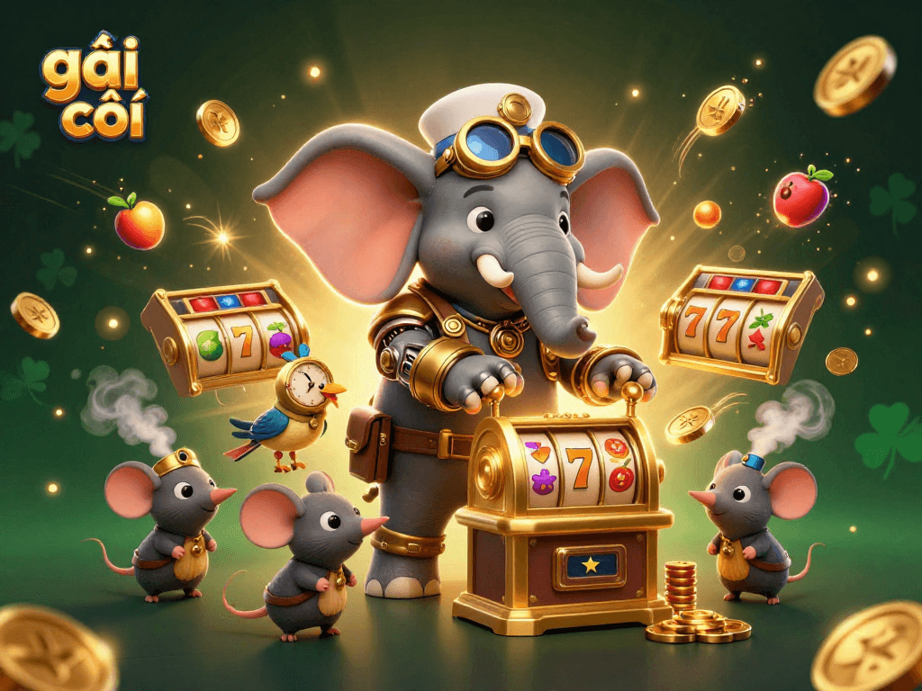 Engage with the vibrant gambling scene featuring gái gọi at a golden slot machine amidst dynamic game elements.