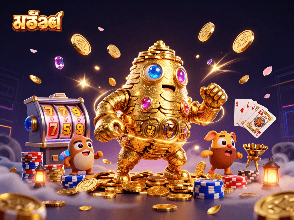 Engaging illustration of สล็อต featuring an ancient golden golem, cascading coins, and vibrant slot machine reels.