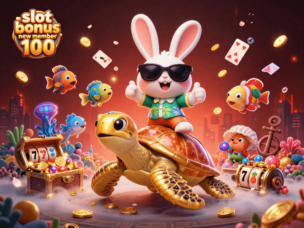 Experience thrilling gameplay with the slot bonus new member 100 in this vibrant casino-themed illustration.