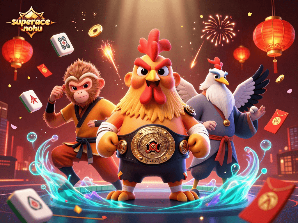 Experience the thrill of superace-nohu in a vibrant, action-packed gaming scene with martial artists and casino elements.