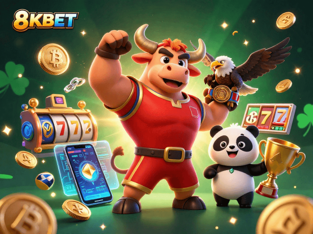 Win big with 8KBET's exciting gambling scene featuring charming characters and vibrant game elements.