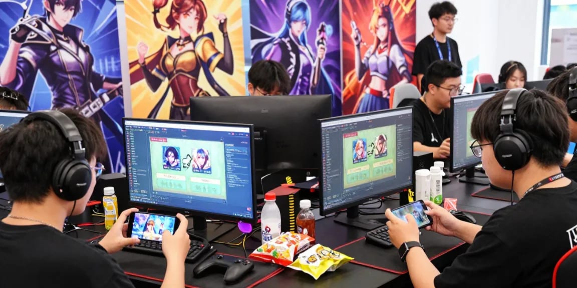 Exciting gaming event atmosphere featuring gacha168 gameplay discussions among young adults.