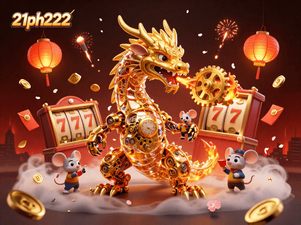 Spin the 21ph222 slots with enchanting visuals of a golden dragon amidst festive gambling elements.