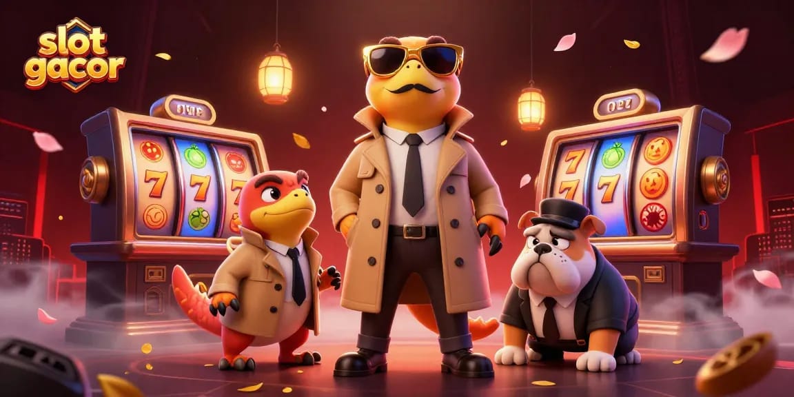 Raih kemenangan di slot gacor dengan ilustrasi kasino yang menampilkan tiga raptor dalam jas yang berpura-pura menjadi orang tinggi.