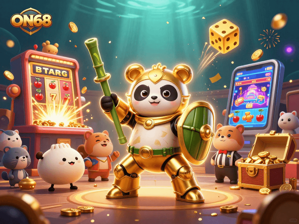 Experience thrilling action at ON68 with a vibrant 3D casino scene featuring dynamic characters and games.