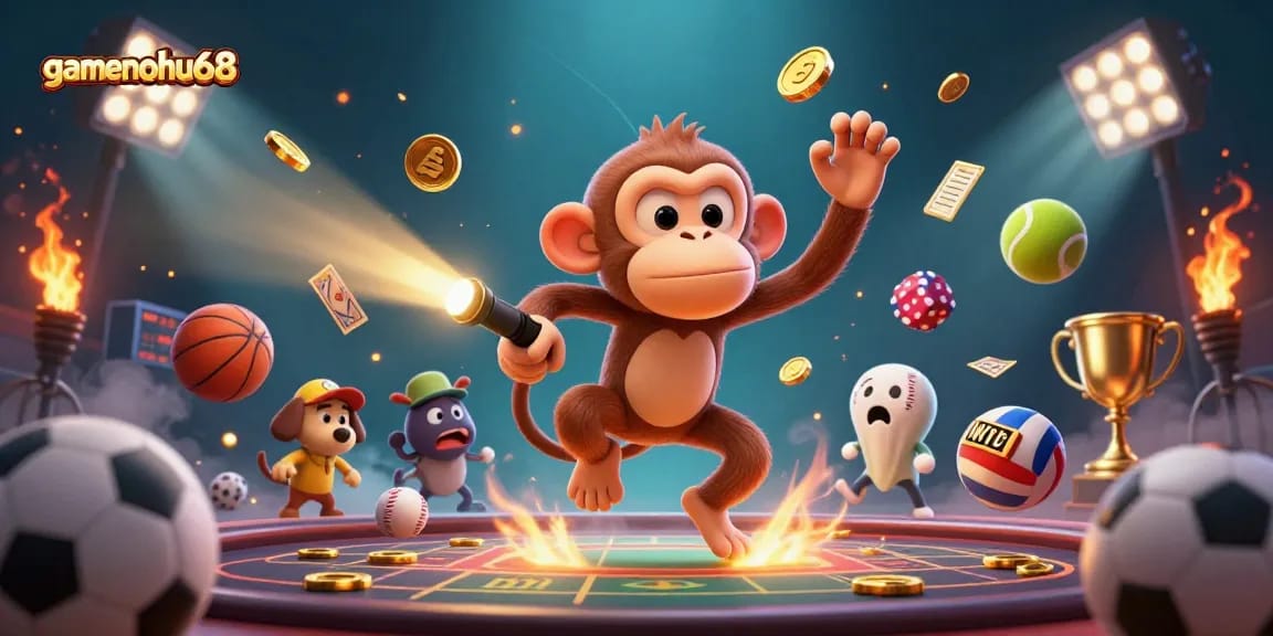 Experience the excitement at gamenohu68 as a ghost-hunting puppy tracks playful gold-juggling spirits in a vibrant casino.