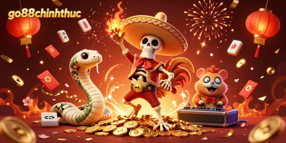 Experience the excitement of go88chinhthuc with a festive 3D casino illustration featuring vibrant characters and elements.